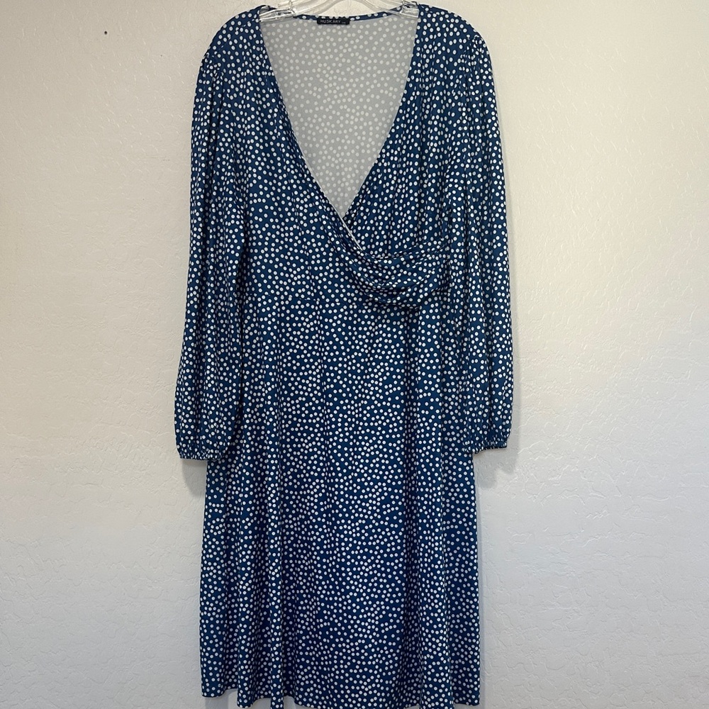 Huskary maxi long sleeve Blue Polka Dot Wrap‎ Dress v neck Womens plus size XXL